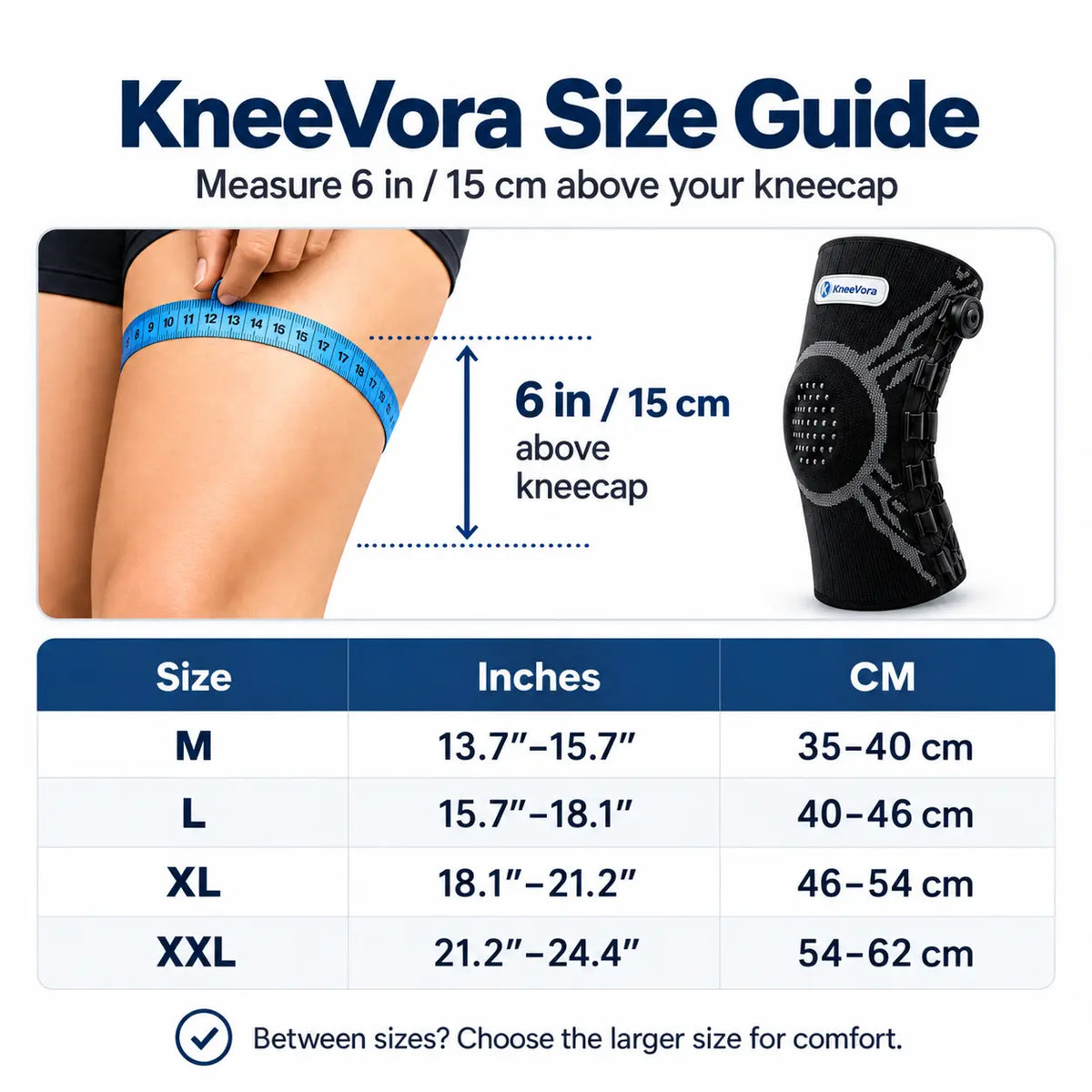 KneeVora measurement instructions and size guide